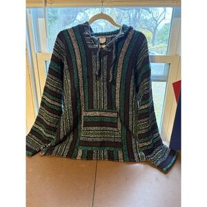 Baja Hoodie Mexican Poncho Pullover Striped Woven Unisex Sweater M L Boho